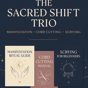 May include: Digital bundle of three ritual guides: Manifestation, Cord Cutting, and Scrying. The guides are displayed on a dark blue background with gold text. Each guide has a unique cover design, including illustrations of hands, scissors, and a crystal ball.