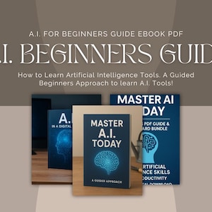 Puede incluir: Imagen de tres libros titulados "A.I. Beginners Guide", "Master A.I. Today" y "Master A.I. Day". Los libros son de color azul oscuro con texto y gráficos blancos relacionados con la inteligencia artificial. El fondo es un degradado de marrón y gris.