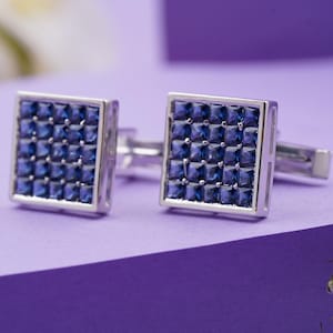 Luxury Blue Sapphire Cufflinks – Sterling Silver Grid Pattern – Men’s Shirt Accessories.