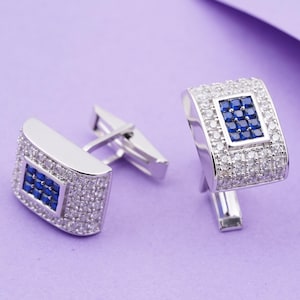 Moissanite & Blue Sapphire Cufflinks – 925 Sterling Silver Handmade Unisex Jewelry.