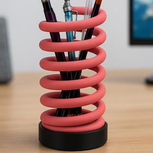 Può includere: Un organizer da scrivania a forma di molla, color corallo, che contiene penne e matite. L'organizer ha una base nera ed è riempito con vari strumenti di scrittura neri, blu e rossi. Il design è moderno e accattivante.