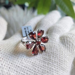 Sterling Silver Garnet Flower Ring – Size 7 Statement Jewelry, January Birthstone, Boho Floral Design