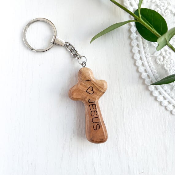 Olive Wood Cross Keychain 