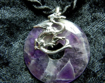 Dragon pendant - Sterling silver and purple on a black cord