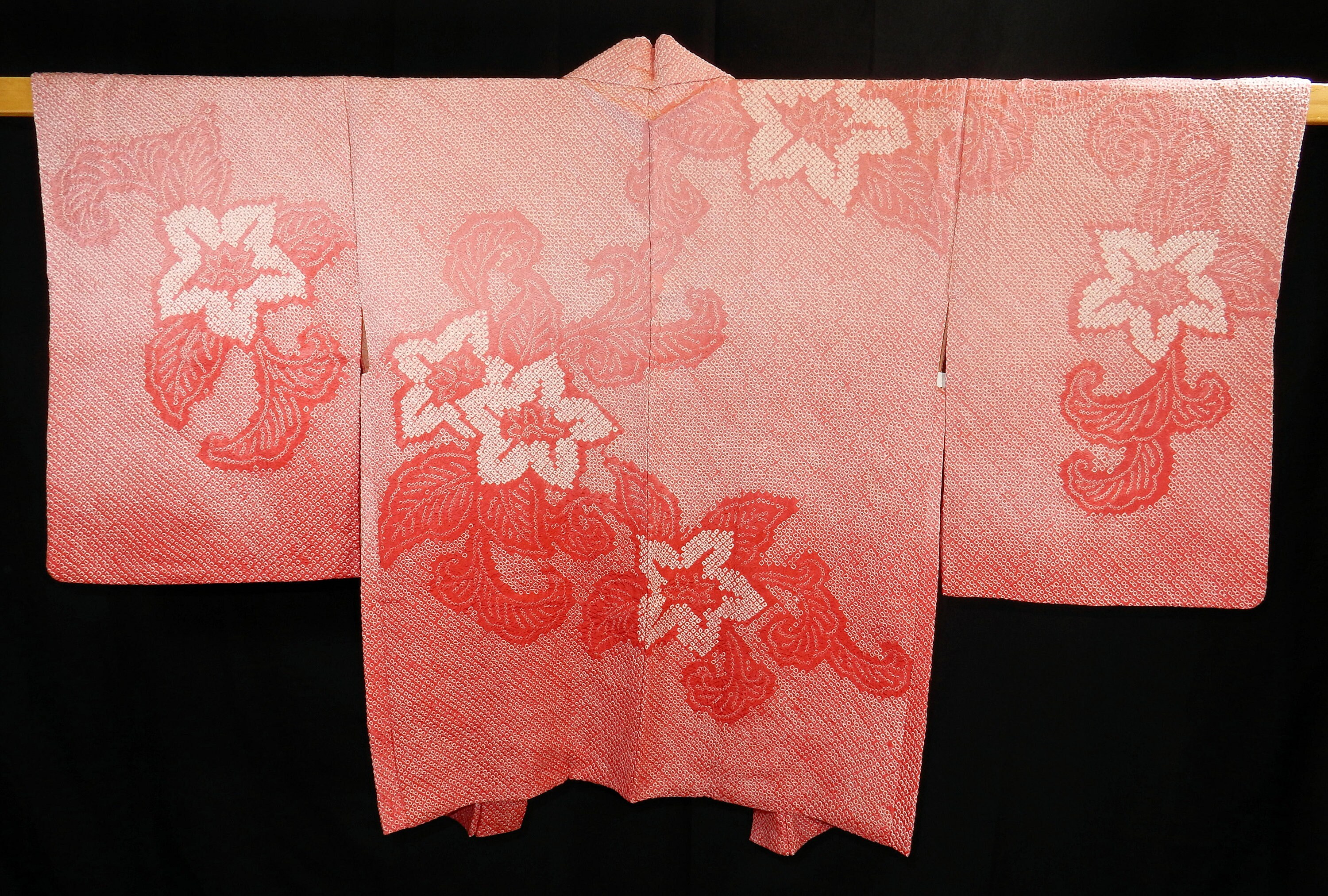 Graded bright pink shibori haori - a vintage silk Japanese kimono jacket