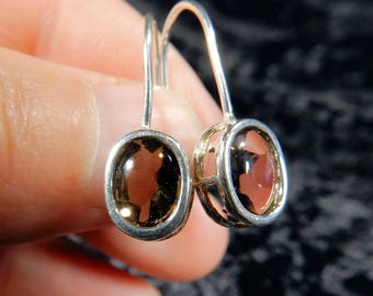 Elegant smoky quartz ovals in sterling silver french wire style dangle earrings