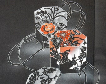 Black haori jacket painted with kaioke boxes - a vintage silk Japanese kimono jacket