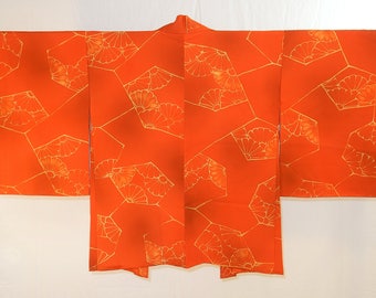 Red-Orange batik haori in a delicate fence pattern - a vintage silk kimono jacket