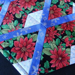 Puede incluir: Un camino de mesa navideño con un patrón de copo de nieve azul y plateado. El camino de mesa presenta un diseño floral de poinsettia roja sobre un fondo negro.