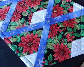Diamond pattern with poinsettias Christmas table runner, dark blue version - reversible with sunflowers and chickens