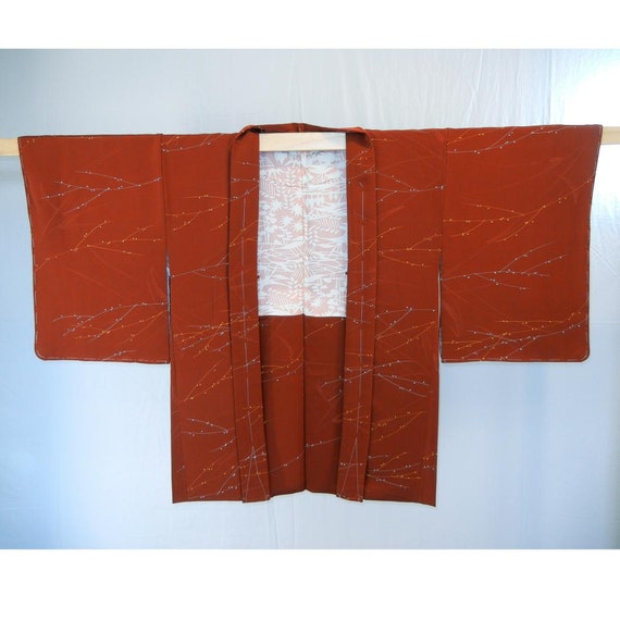 Dark brick red silk haori (a kimono jacket) - lit… - image 3