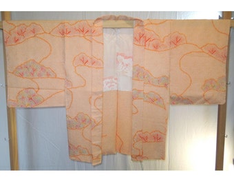 Puede incluir: Un kimono japonés de color rosa pálido con un patrón floral. El kimono tiene un forro blanco y está colgado en una percha de madera.