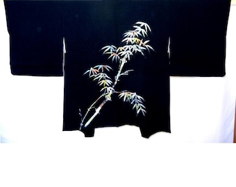 Vintage black silk haori with colorful bamboo (a kimono jacket)
