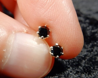 Very tiny black spinel in sterling silver earring stud posts