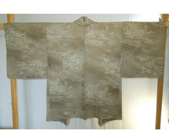 Shades of tan and brown with tea houses - a vintage silk haori (kimono jacket)