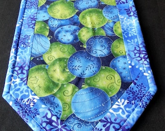 Blue and green Christmas ornaments table runner - reversible for autumn