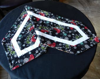 Black and white table runner with bright red cardinals - reversible