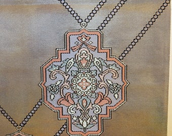Peaceful geometric vintage silk obi in silvery bronze and lavender