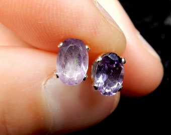 Light purple ovals - amethyst set in sterling silver earring studs or posts