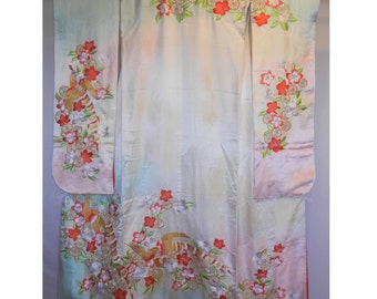 Vintage silk bridal furisode - pastel pinks and teal with embroidered pheasants