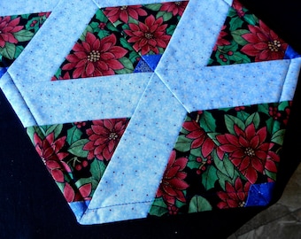 Diamond pattern with poinsettias Christmas table runner, light blue version - reversible with sunflowers and chickens