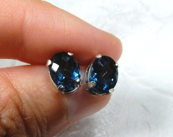 Checkerboard cut London blue topaz in sterling silver ear stud posts - the birthstone for November