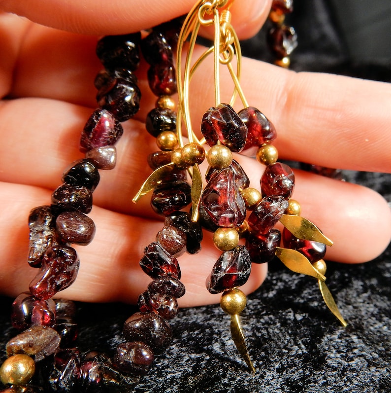 Deep red garnet and gold the birthstone for January Dangle earring and necklace set
