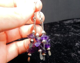 Dark purple amethyst and silver bead dangle earrings - the birthstone for February