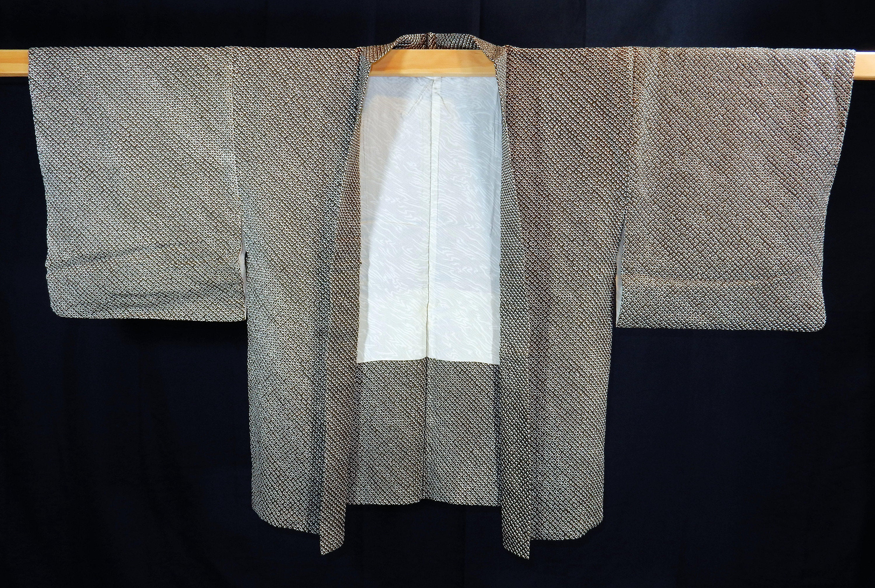 Very dark forest green silk shibori haori - a vintage Japanese kimono jacket