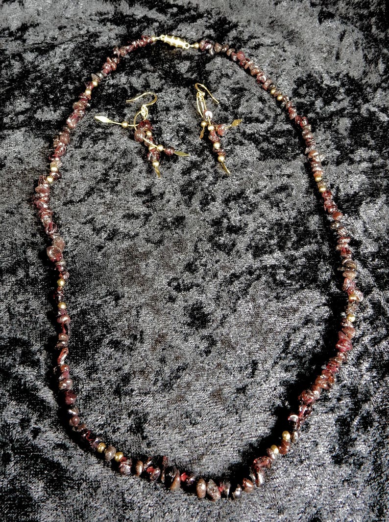 Deep red garnet and gold the birthstone for January Dangle earring and necklace set