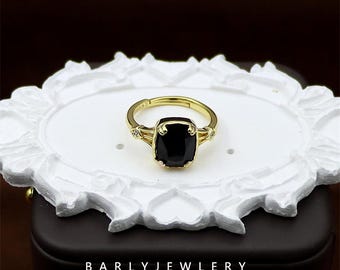 Natural Black Onyx Ring, Gold Stacking Ring,Black Agate Solitaire Ring,  Adjustable Vintage Style Ring, 14K Gold Vermeil, Birthstone Ring