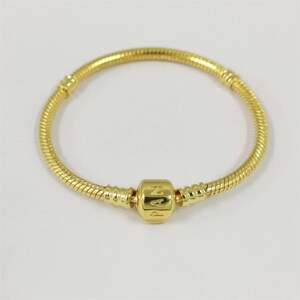 Könnte beinhalten: Ein goldfarbenes Armband mit Schlangenkettenmuster. Das Armband hat einen zentralen Charm mit den eingravierten Buchstaben "PAN". Das Armband besteht aus einem glänzenden, metallischen Material und wird auf weißem Hintergrund präsentiert.