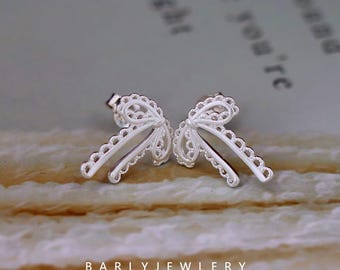Lace Bow Sterling Silver Stud Earrings, Delicate Filigree Openwork, Vintage Fairycore S925 Jewelry
