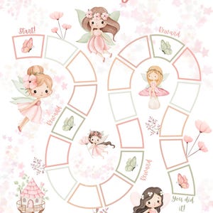 Puede incluir: Un gráfico de entrenamiento para ir al baño caprichoso con el texto "Nina's Potty Chart" en rosa. El gráfico presenta un camino con espacios para recompensas, ilustrado con hadas, mariposas y una casa de hadas. El fondo está decorado con estrellas rosas y elementos florales.