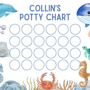 May include: A white potty chart with the text "COLLIN'S POTTY CHART" in blue. The chart features a series of empty circles and is decorated with watercolor illustrations of marine life, including a dolphin, whale, and seahorse.
