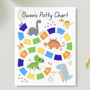 Puede incluir: Un gráfico blanco de entrenamiento para ir al baño con el texto "Owen's Potty Chart" e ilustraciones de dinosaurios coloridos. El gráfico presenta un diseño de tablero de juego con espacios para recompensas y la frase "You did it!"
