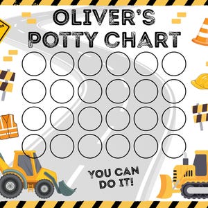 Puede incluir: Un gráfico de entrenamiento para ir al baño con un tema de construcción. El gráfico presenta el texto "Oliver's Potty Chart" y "You Can Do It!" junto con ilustraciones de vehículos de construcción, conos de seguridad y un casco. Hay círculos para rastrear el progreso.