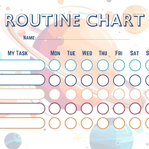 以下が含まれることがあります： 宇宙をテーマにしたカラフルなルーチンチャート。「ROUTINE CHART」の文字が上部にあり、名前を書くスペースがあります。タスクと曜日別のセクションがあり、進捗状況をマークするための円があります。背景には惑星と星が描かれています。