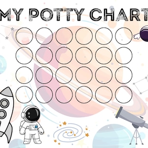Puede incluir: Un gráfico de entrenamiento para ir al baño con el texto "MY POTTY CHART" en la parte superior. El gráfico tiene 20 círculos vacíos para rastrear el progreso. El diseño incluye un cohete, un astronauta, un telescopio, planetas, estrellas y constelaciones.