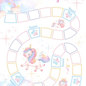 May include: A whimsical potty chart with a pastel rainbow and unicorn theme. The chart features a winding path with reward spaces and illustrations of unicorns. Text at the top reads "Hannah's Potty Chart". The background has a watercolor effect.