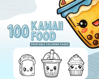 Dibujos de comida kawaii para colorear: 100 adorables personajes de comida imprimibles para niños y adultos / Descarga instantánea en PDF / Tamaño carta (EE. UU.)
