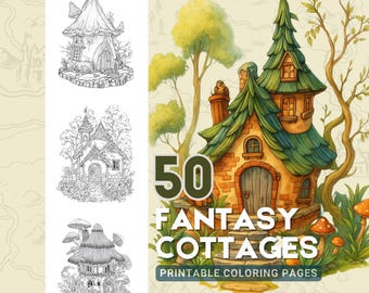 May include: An illustration of a book cover with the text "50 Fantasy Cottages Printable Coloring Pages." The cover features a colorful cottage and three black and white cottage drawings.