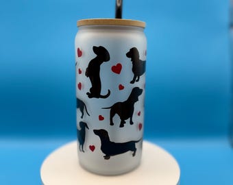 犬好きママへのギフト、ダックスフンド柄の手作りドリンクウェア、アイスコーヒー用フロストガラスタンブラー、彼女へのギフト