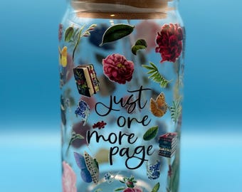 Iced Coffee Glass Cup Tumbler with lid and straw, Book lover gift for her, handmade