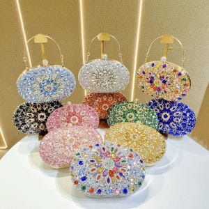 Handmade Rhinestone Evening Clutch – Oval Sparkly Sequin Handbag for Wedding, Prom, Party