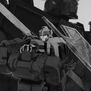 Op de afbeelding: Zwart-grijze illustratie van twee robotkarakters. De robot op de voorgrond houdt een transparant schild vast. De robots hebben rode ogen en staan tegen een donkere achtergrond. Het kunstwerk is een digitale illustratie.