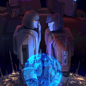 Op de afbeelding: Digitale illustratie van Transformers-personages. Twee robots staan tegenover elkaar en houden een gloeiende blauwe bol vast. Twee andere robots staan op de achtergrond. Het kunstwerk heeft een donker kleurenpalet met stadslichten op de achtergrond.