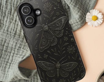 Embossed Moth Phone Case, Dark Academia, iPhone 17 16 15 14 13 12 11, Pro Max, Samsung 26 25 24 23 22 21, Google Pixels 9 8 7