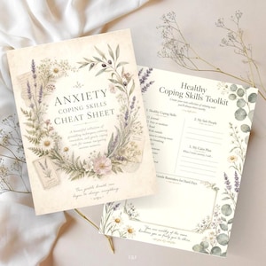 May include: Two printed sheets titled Anxiety Coping Skills Cheat Sheet and Healthy Coping Skills Toolkit. The pages feature botanical illustrations of lavender, daisies, and eucalyptus leaves in soft green and purple tones on a cream background.
