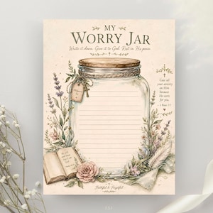 Puede incluir: Una lámina decorativa titulada My Worry Jar que muestra un frasco de cristal grande con papel rayado en su interior, rodeado de ilustraciones en acuarela de lavanda, rosas, un pequeño libro abierto y una pluma con citas inspiradoras.